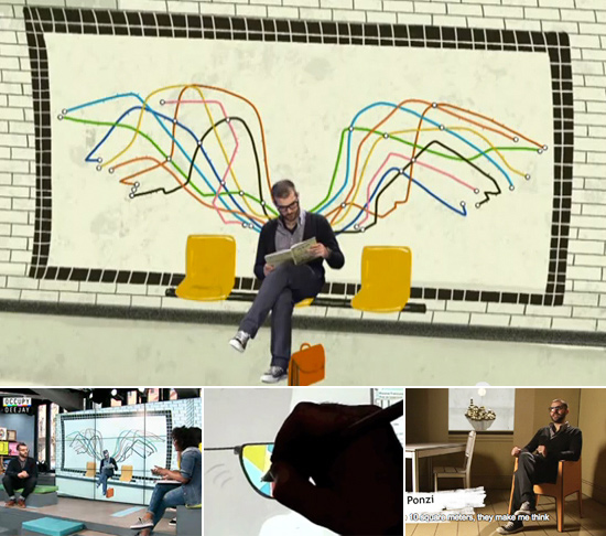 TOP: Still from Sense & Sensibility, a documentary from director Fabio De Luca BOTTOM (from left): Appearance on DeeJay TV; Live drawing for RaiTunes; Still from Sense & Sensibility