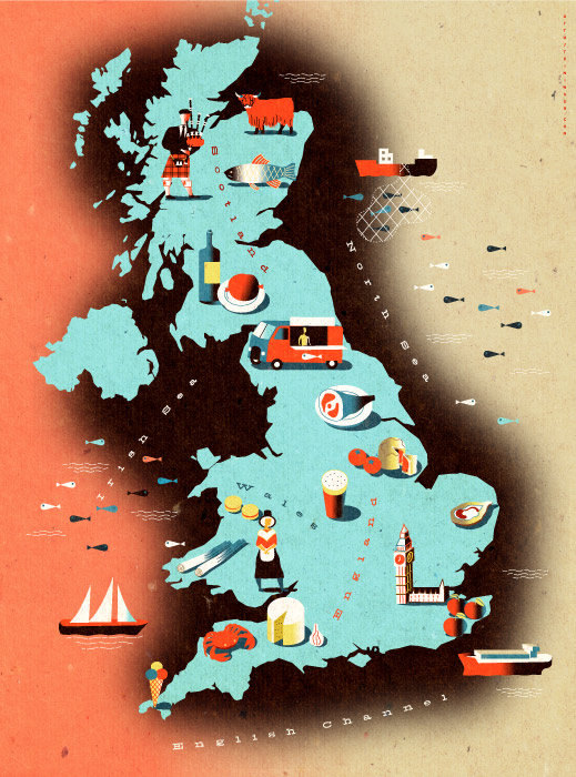 UK food map with icons of regional specialties for an article on the top 50 UK restaurants / CLient: Square Meal magazine