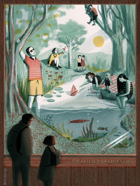 An illustrated scene depicting a family outing with various characters engaging in activities near a river, surrounded by trees and plants. The background features a sunny day with whimsical elements.