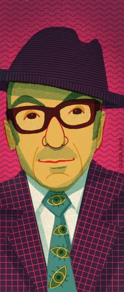 A colorful illustration of a man wearing a purple fedora and large glasses, dressed in a patterned suit. The background features wavy pink tones, and the man's tie is adorned with eye designs.