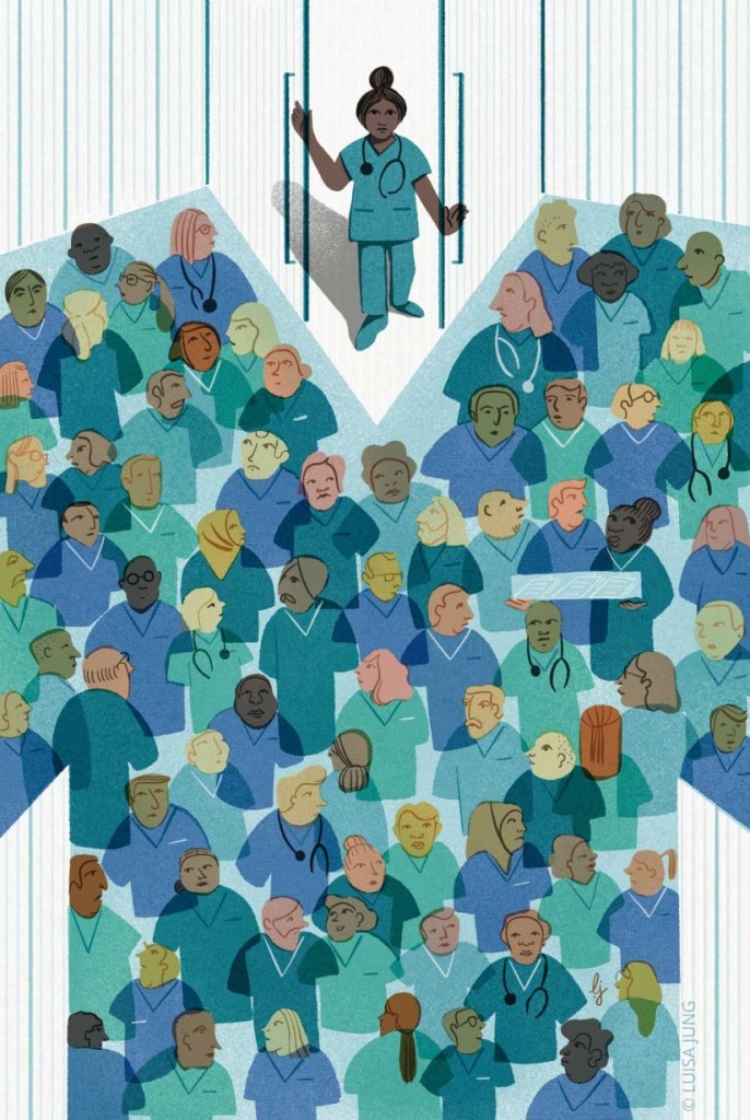 An illustration of a crowded scene featuring diverse healthcare professionals wearing scrubs, with one doctor standing at the forefront, symbolizing leadership and support within the medical community.