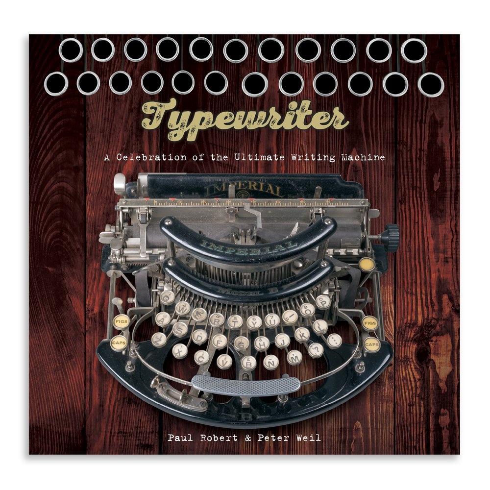 Close-up of a vintage typewriter on a wooden background, with the title 'Typewriter: A Celebration of the Ultimate Writing Machine' featured prominently above it.