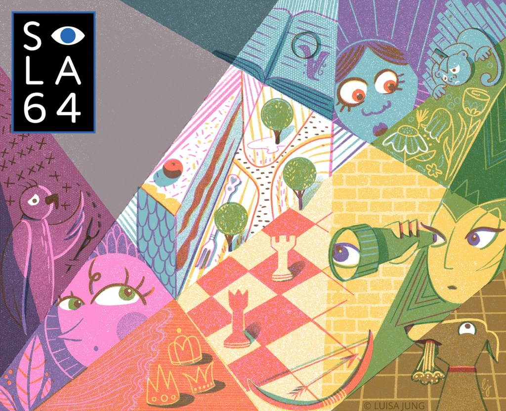 A colorful and abstract illustration featuring various elements such as a chess piece, a bird, a book, and whimsical characters, all arranged in a fragmented style with the text 'SLA64' and an eye symbol.