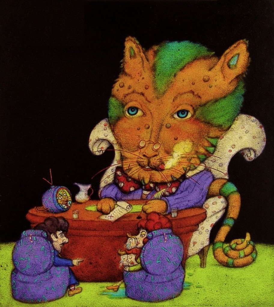 A whimsical illustration featuring a large anthropomorphic cat with a colorful mane, sitting behind a desk with two smaller characters. The cat wears glasses and a purple suit, while the smaller characters appear to be engaged in conversation, one pointing and the other holding an object. The background is black, enhancing the vibrant colors of the characters.