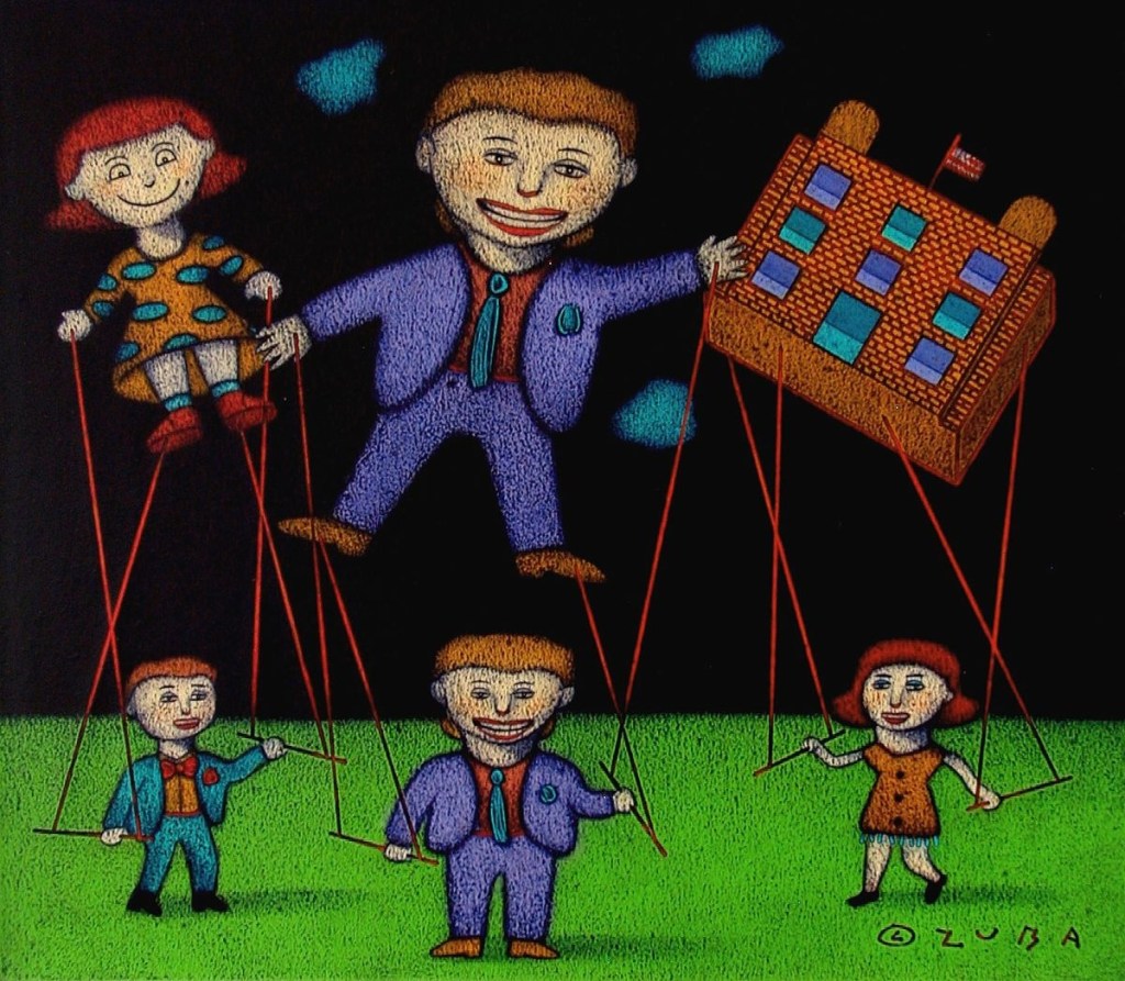 An illustrated scene depicting colorful, cartoonish characters as puppets being controlled by strings. The figures include a smiling man in a suit, a woman in a polka-dot dress, and several smaller puppets representing children and a building, all set against a dark background.