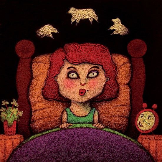 A surprised woman with red hair sits up in bed, looking at three sheep floating above her. The room features a potted plant and an alarm clock with a smiling face.