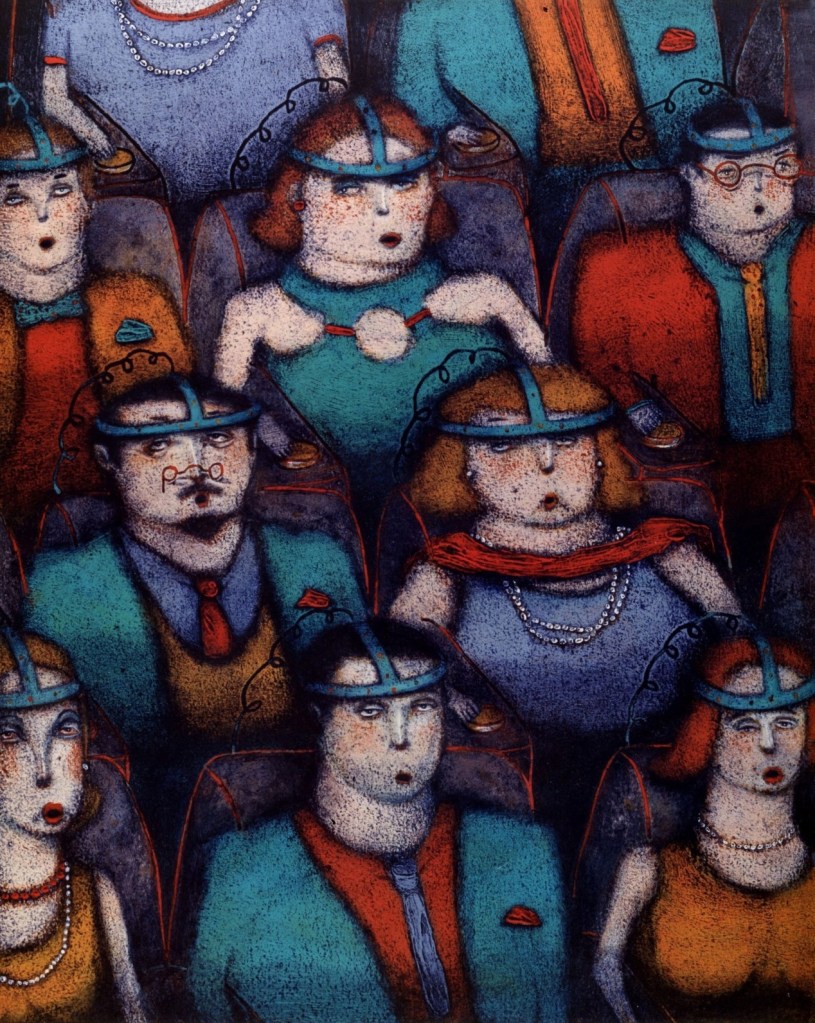 A crowd of stylized characters sitting in a theater, wearing colorful outfits and elaborate headgear, with various expressions on their faces.