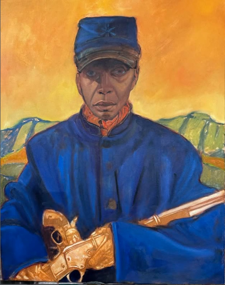 A portrait of a solemn individual wearing a blue uniform and a cap, holding a golden revolver, set against an orange and green landscape.