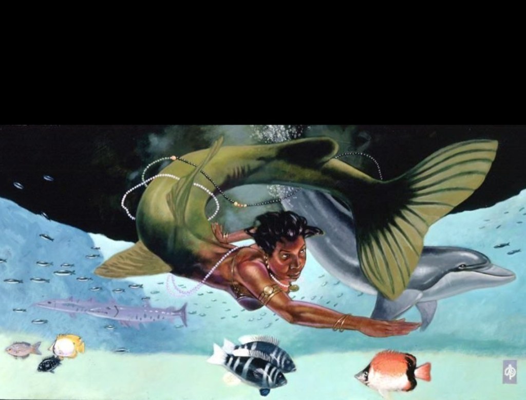 A mermaid swimming underwater, adorned with jewelry, interacting with fish and a dolphin in a vibrant aquatic scene.