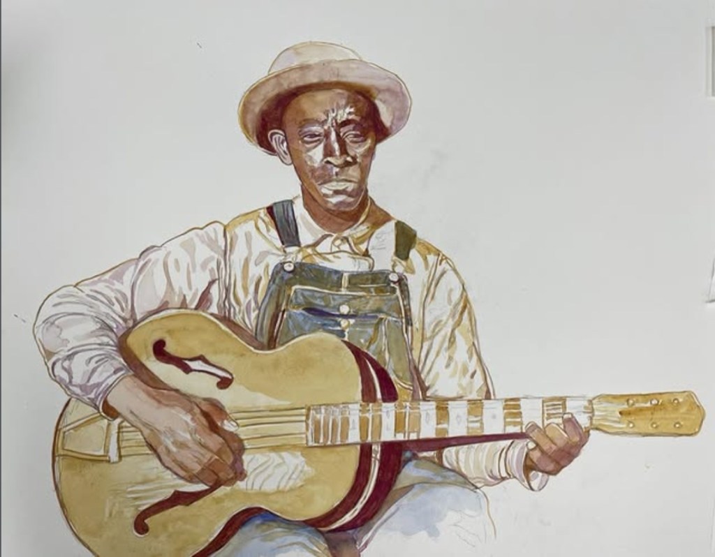 A watercolor painting of a man playing a guitar. He is wearing a hat, overalls, and a white shirt. The background is white, highlighting the musician's focused expression.