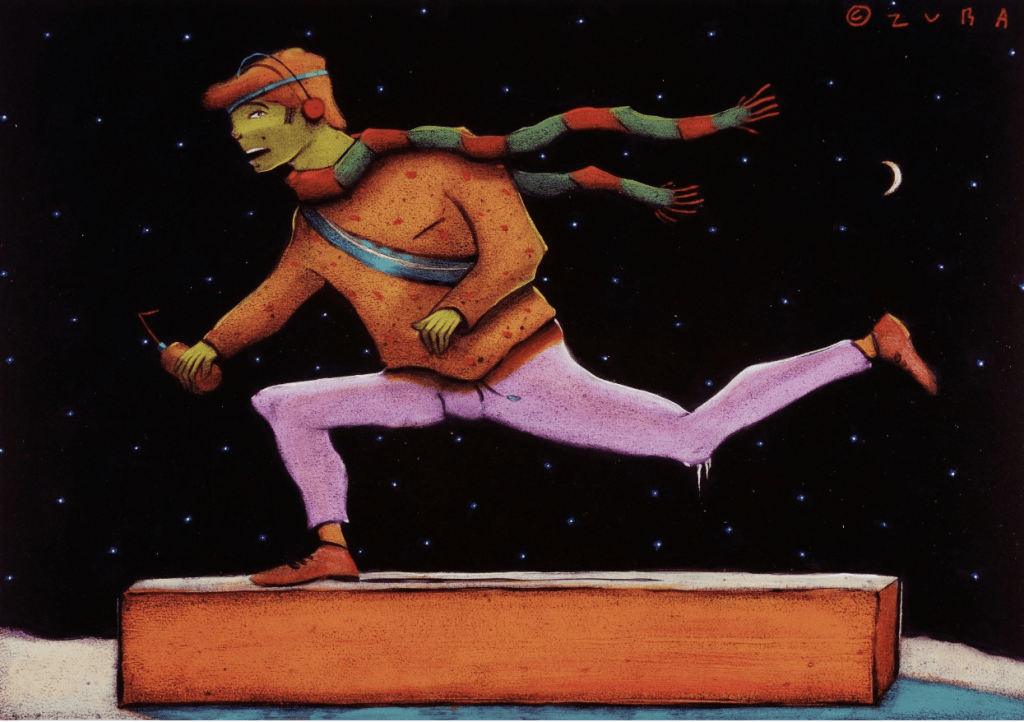 A colorful illustration of a man in a vibrant outfit, running energetically against a starry night sky. He wears a warm hat and a scarf, with a playful expression as he balances on a wooden block.