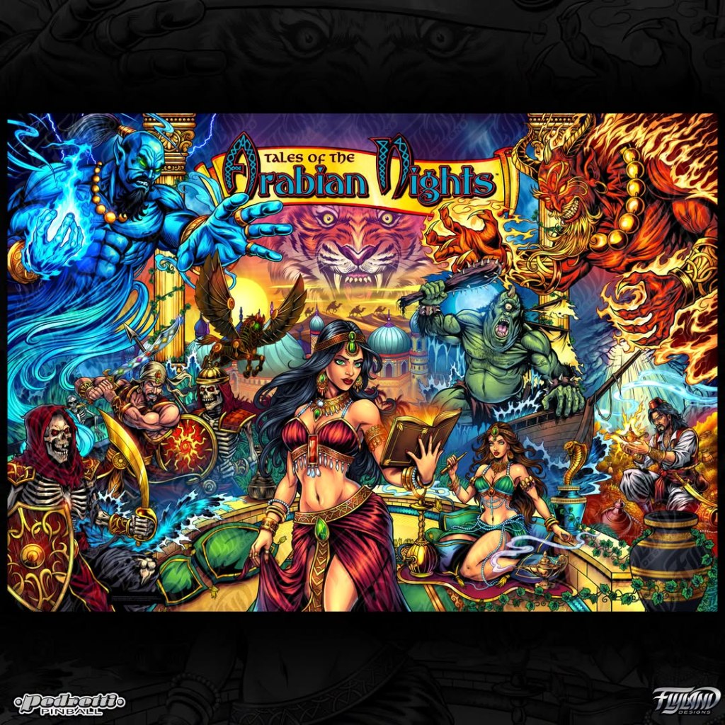 A vibrant illustration depicting various characters and scenes from 'Tales of the Arabian Nights', featuring a blue genie, a female character reading a book, mythical beasts, and a colorful background with architectural elements.