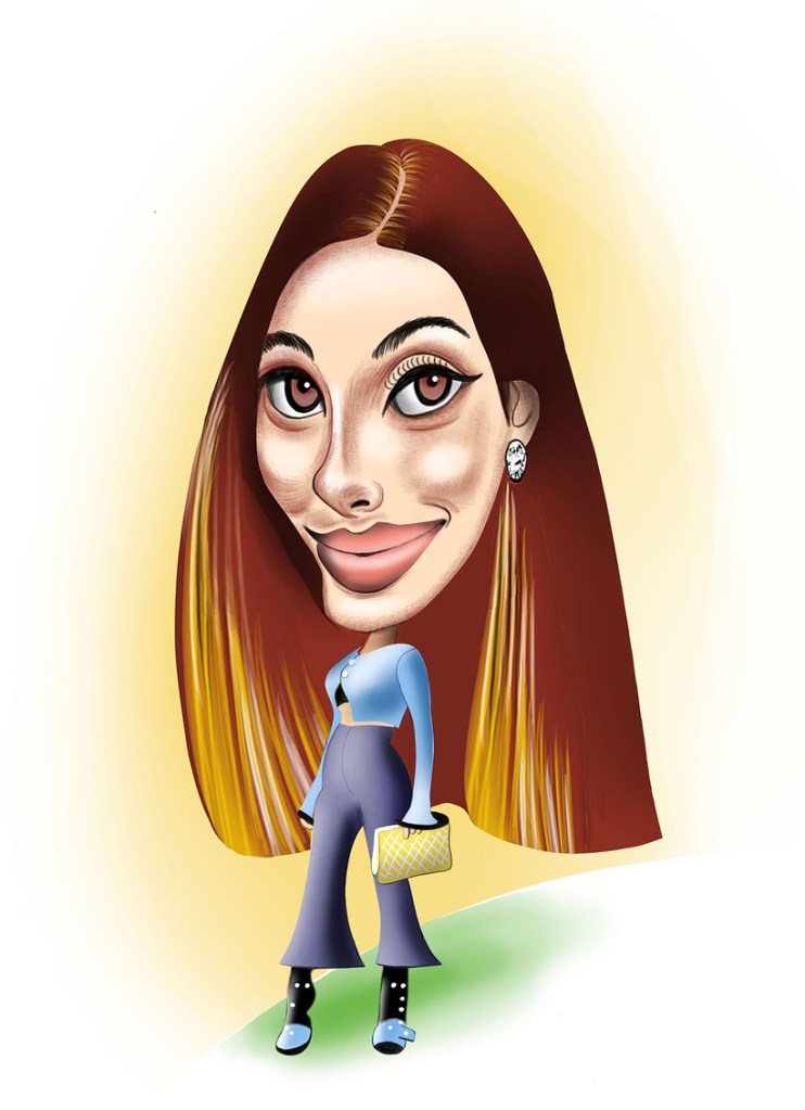 A colorful caricature of a woman with long, straight hair and a large smile, wearing a blue crop top and high-waisted pants, holding a small yellow handbag.