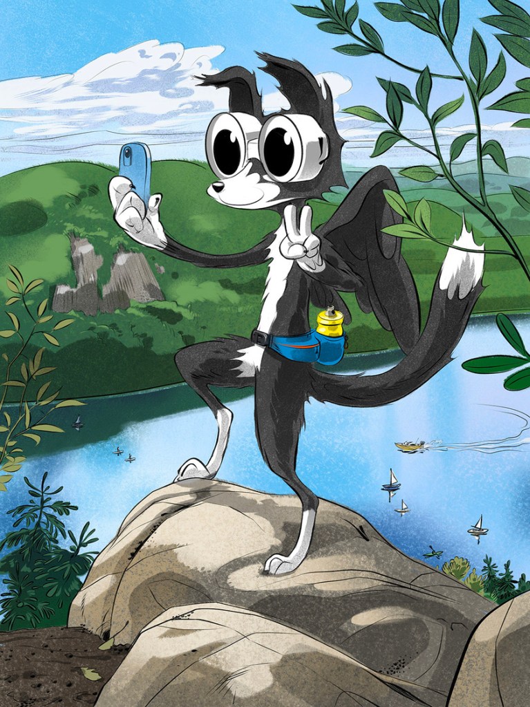 A cartoon dog character taking a selfie on a rock, with a scenic lake and mountains in the background.