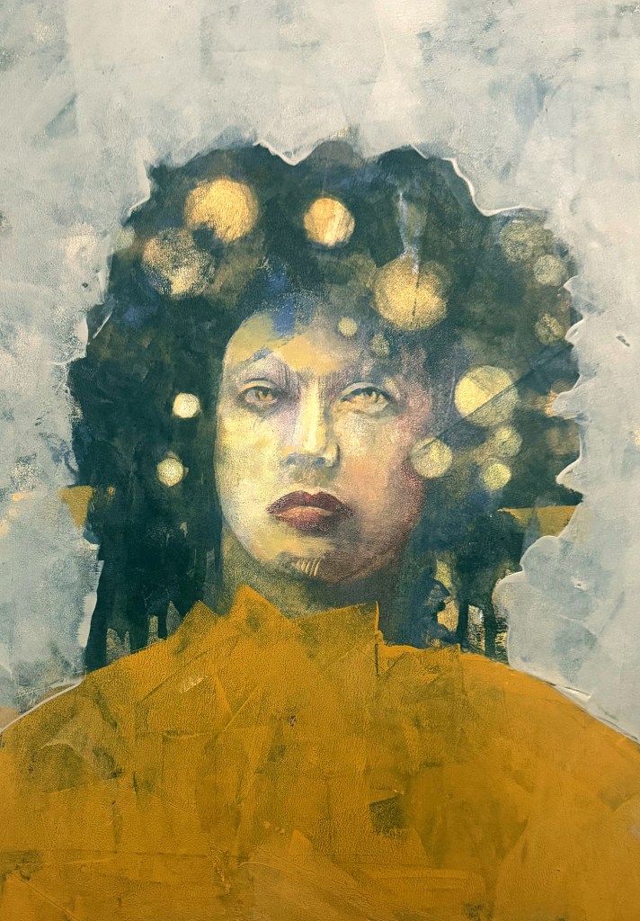 A close-up portrait of a woman with textured, curly hair and a contemplative expression, featuring a vibrant yellow background and soft lighting effects.