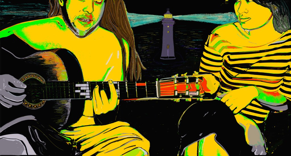 A digitally illustrated scene featuring a man playing an acoustic guitar while a woman sits next to him, both surrounded by a vibrant, abstract background with a lighthouse in the distance.