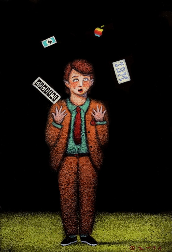 A man in a brown suit and turquoise shirt is standing with his arms raised, looking surprised. Various tech logos and elements, including HP and Apple, are floating around him against a black background.