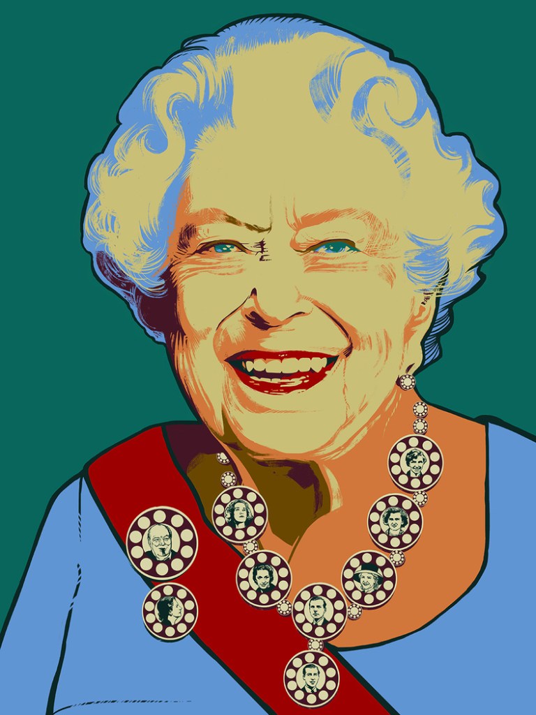 Colorful portrait of a smiling elderly woman with curly hair, wearing a blue outfit and a decorative necklace featuring multiple circular frames with images.
