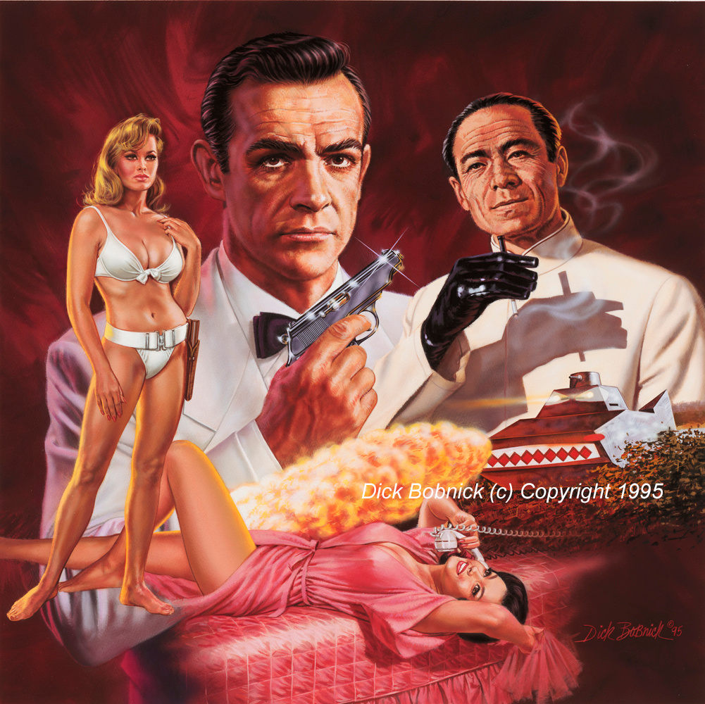 Illustration featuring a male figure in a tuxedo holding a gun, with a blonde woman in a swimsuit and another woman in a pink dress lounging, against a backdrop of explosions and a vehicle.