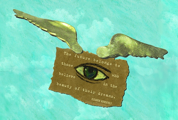 An artistic image featuring an eye with golden wings above a torn paper note that reads, 'The future belongs to those who believe in the beauty of their dreams.' by Eleanor Roosevelt, set against a light blue background.