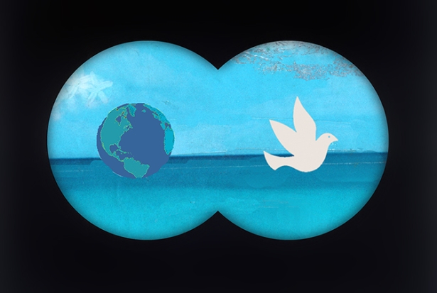 A stylized illustration of a globe on the left and a white dove on the right, seen through a pair of binoculars against a blue background.