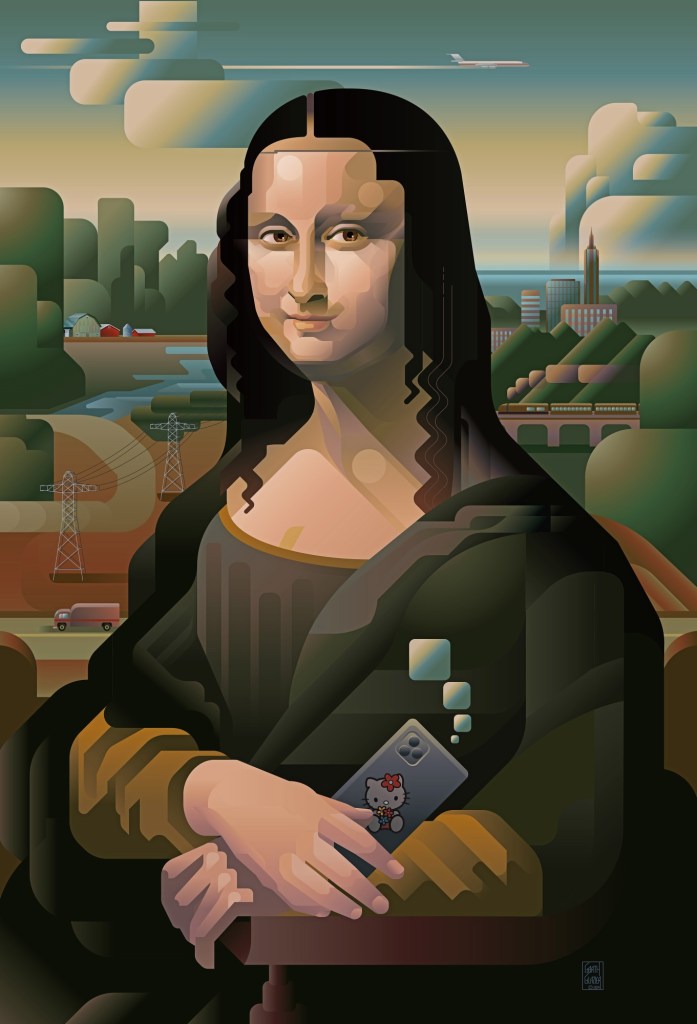 A modern, stylized interpretation of the Mona Lisa, featuring her holding a smartphone with a Hello Kitty design. The background includes rolling hills, power lines, and an airplane in the sky.