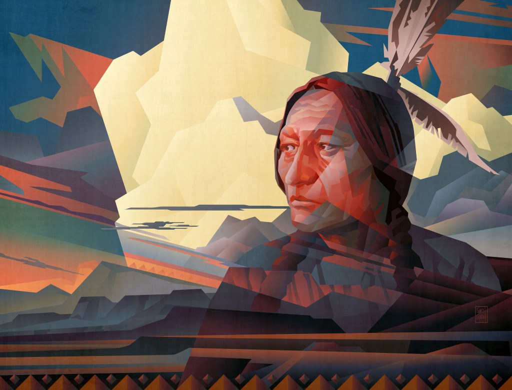 A stylized portrait of a Native American man with long hair and a feather in his braid, set against an abstract landscape of mountains and colorful skies.
