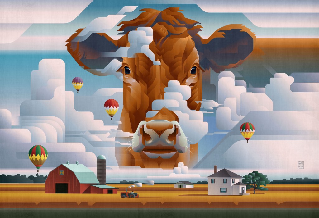 A stylized illustration of a cow's face emerging from clouds above a rural landscape, featuring colorful hot air balloons, a red barn, a farmhouse, and fields.