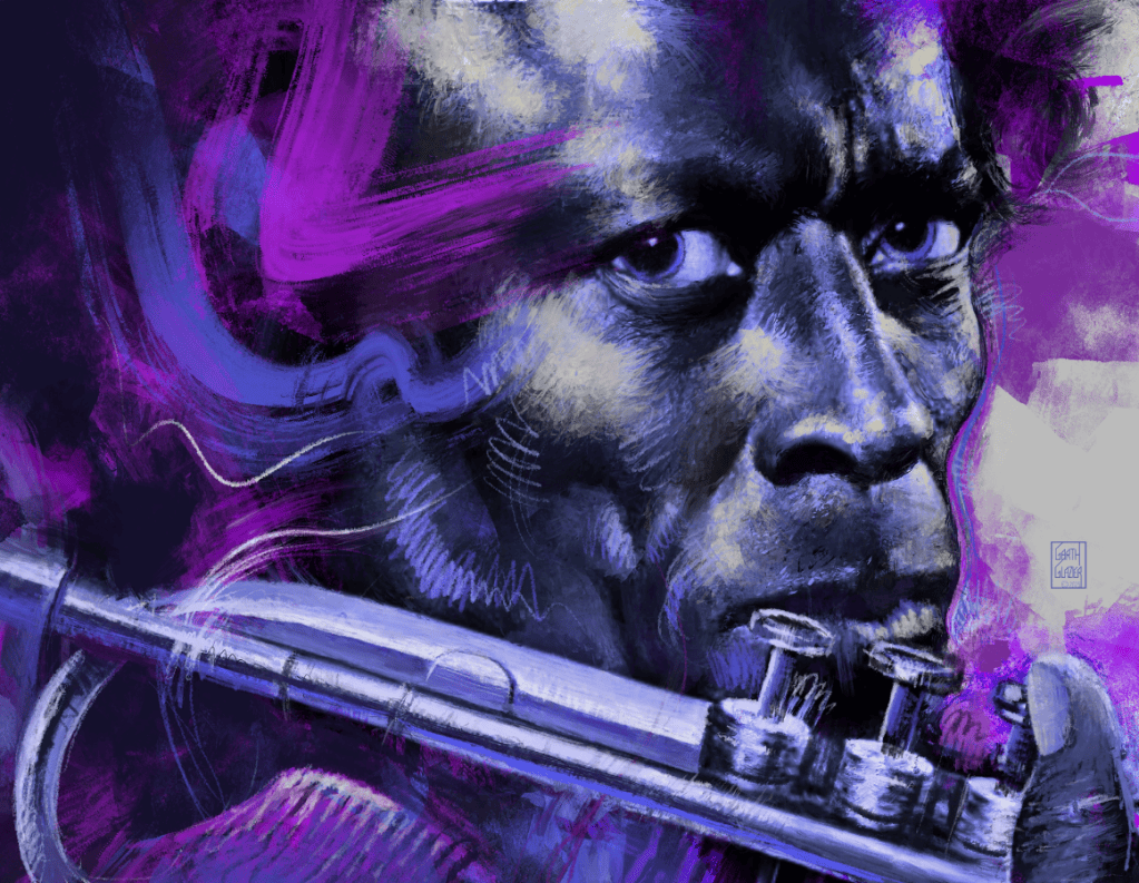 A close-up, artistic rendering of a musician playing a flute, featuring bold blue and purple colors with expressive brush strokes.