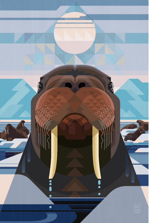 A stylized illustration of a walrus with prominent tusks, set against a geometric background featuring mountains and a sun. The walrus appears to be the central focus, with water drips around its mouth, and other walruses visible in the background.