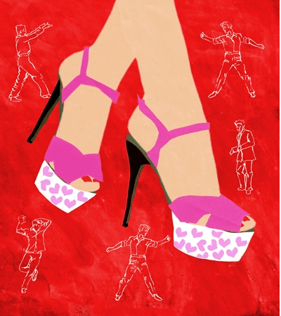 A vibrant illustration of high-heeled shoes with pink straps and a heart-patterned platform set against a bold red background, featuring silhouettes of dancers in various poses around the shoes.