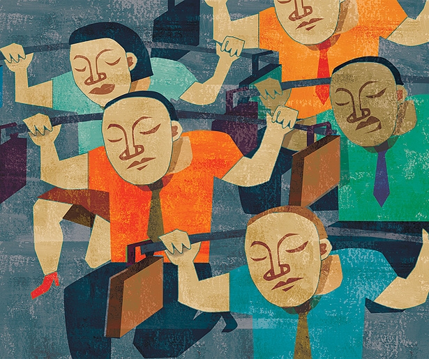 An abstract illustration of a group of workers carrying briefcases, depicted with stylized faces and vibrant colors, symbolizing hard work and the modern workplace.