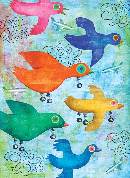 Colorful illustrated birds flying against a blue and green background, with some featuring wheels, suggesting a playful and whimsical scene.