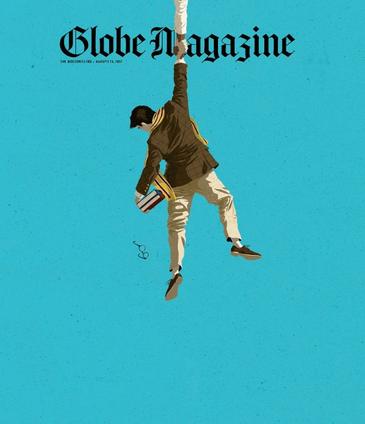 Illustration of a man hanging from a rope, holding books, against a bright blue background. The cover features the title 'Globe Magazine' at the top.