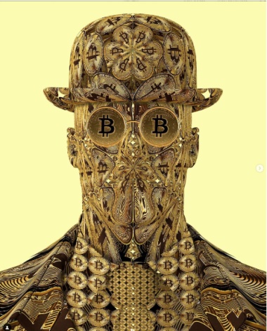 An intricate golden figure resembling a man, adorned with Bitcoin symbols, wearing a bowler hat and a patterned suit, set against a light yellow background.