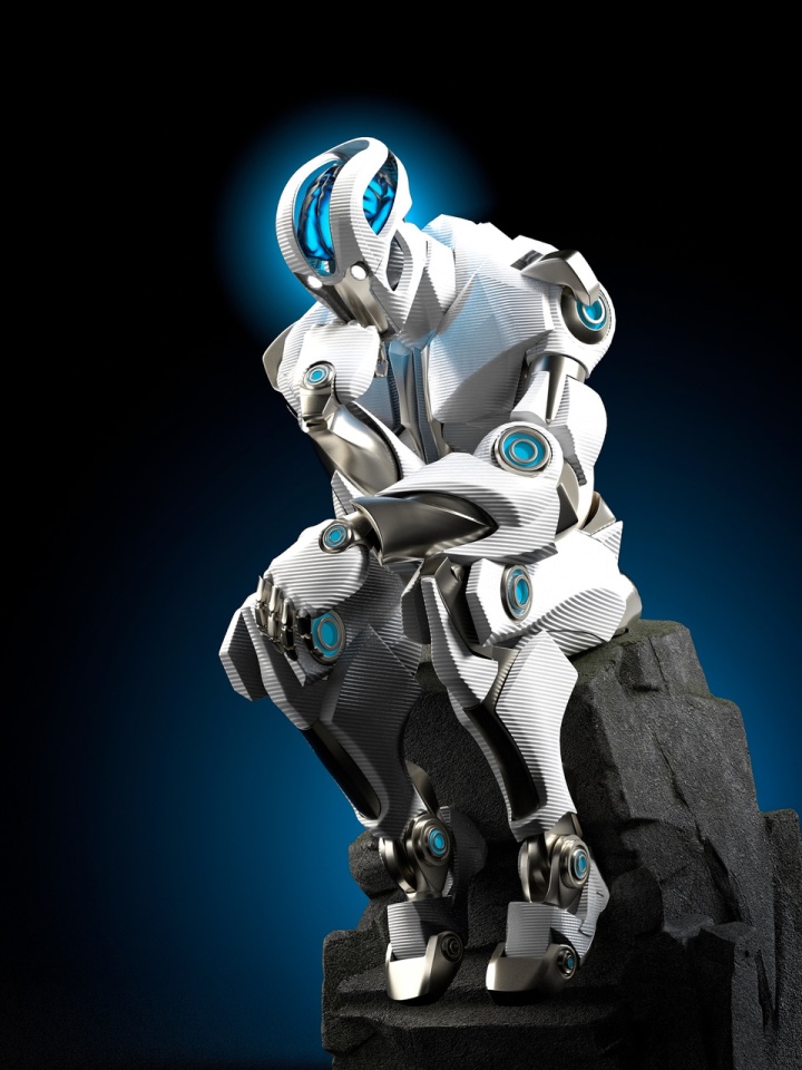 A futuristic humanoid robot with a sleek silver and blue design is sitting on a dark rock, gazing thoughtfully. The background is a gradient from black to deep blue.