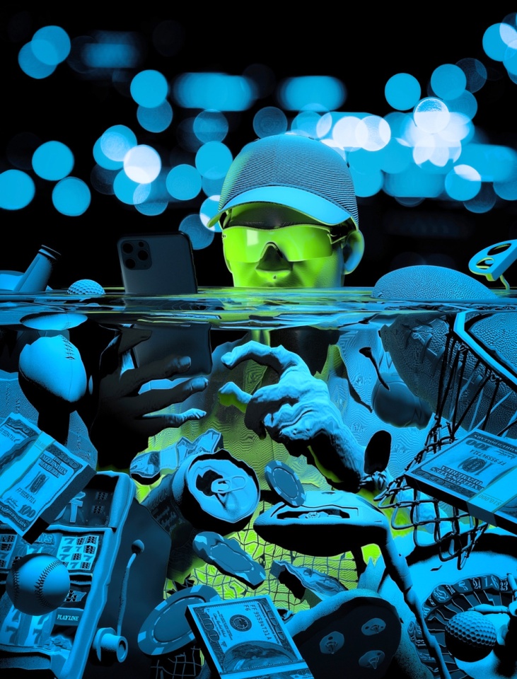 A person in a cap and sunglasses is submerged in water, holding a smartphone. Surrounding them are various sports equipment, money, and gaming items, illuminated by blue and green hues.