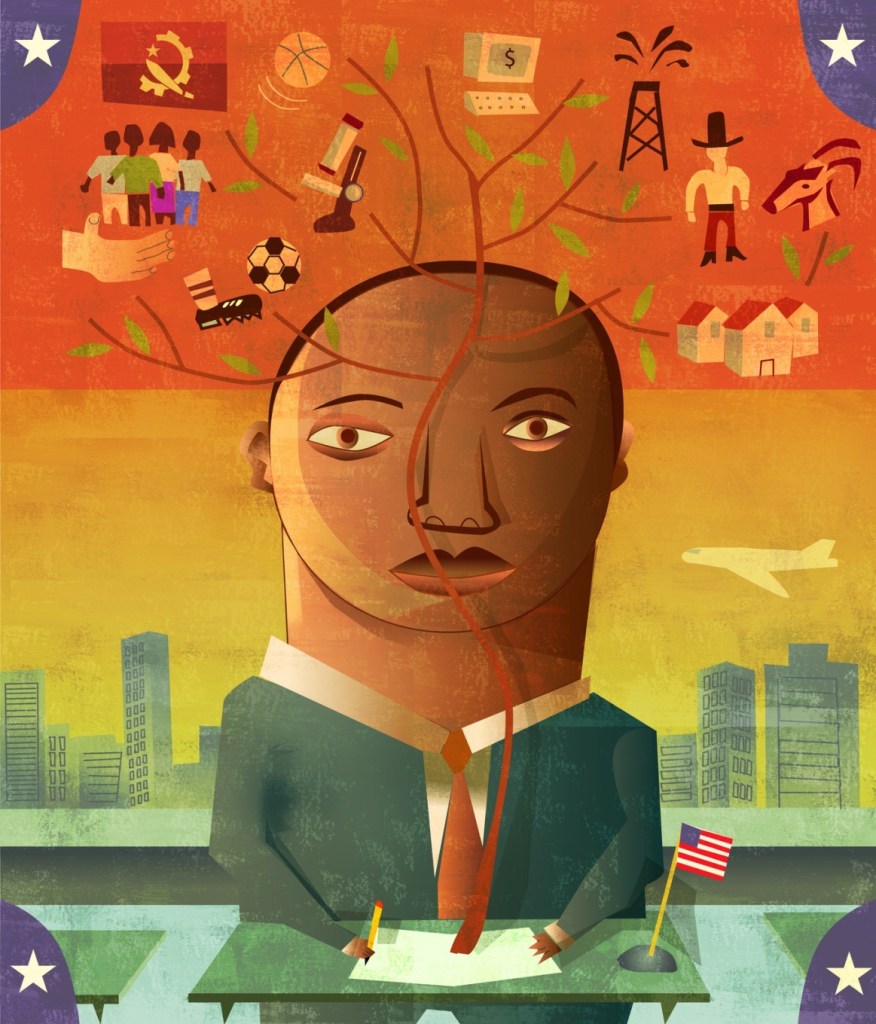 A stylized illustration of a person in a suit, seated at a desk and writing, with a backdrop of urban buildings. The person's head is intertwined with branches depicting symbols such as sports, technology, nature, and social elements, representing diverse influences.