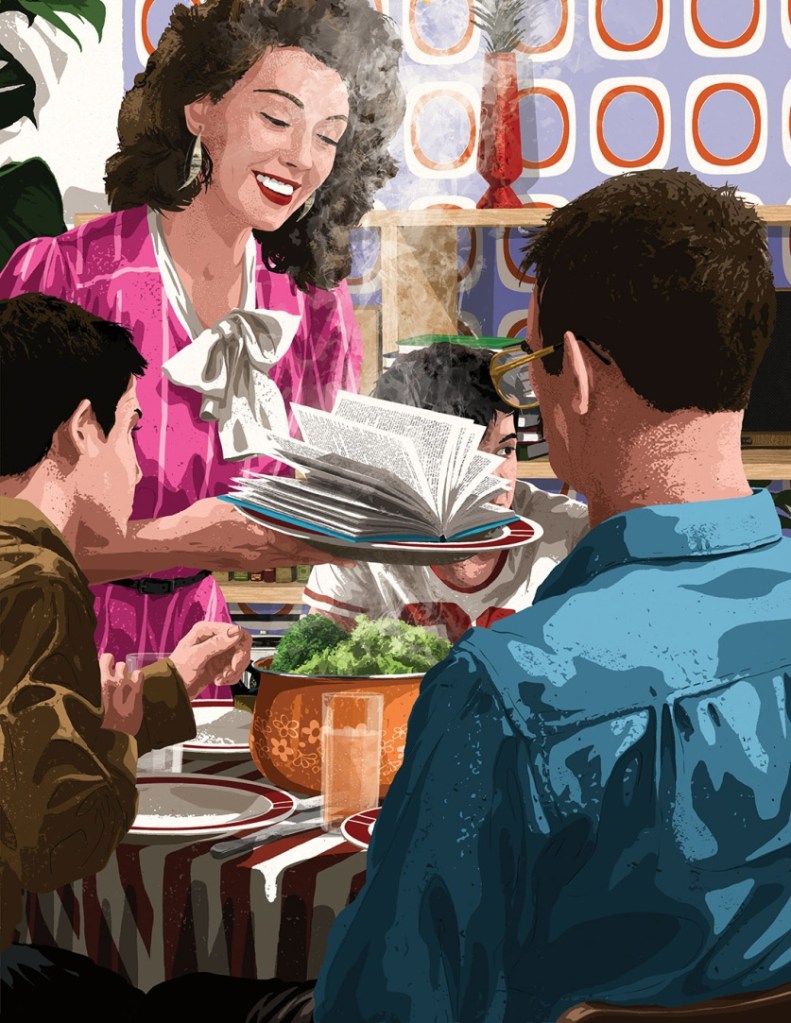 A smiling woman in a pink dress serves food at a dining table, surrounded by three people. The table is set with plates and a bowl of broccoli, and a retro kitchen background is visible.
