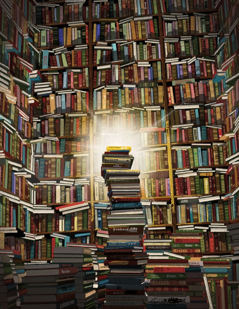 A cozy, dimly lit library filled with floor-to-ceiling bookshelves overflowing with colorful books, creating a warm and inviting atmosphere.