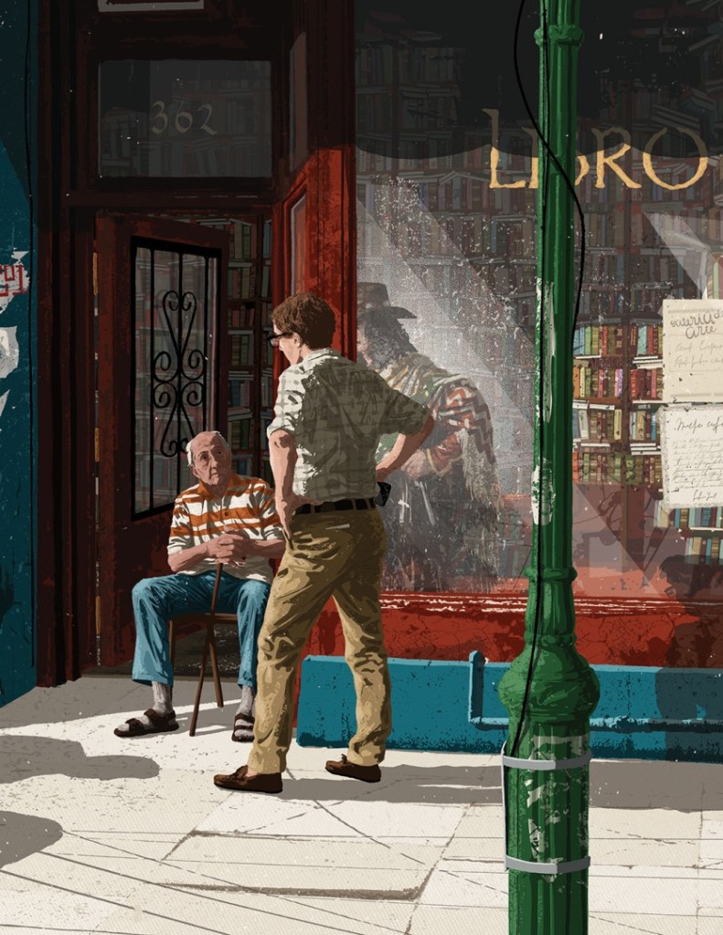 A scene depicting a conversation between a seated elderly man in a striped shirt and a standing younger man in a patterned shirt outside a bookshop. The bookshop window displays various books, and a streetlamp is visible nearby.