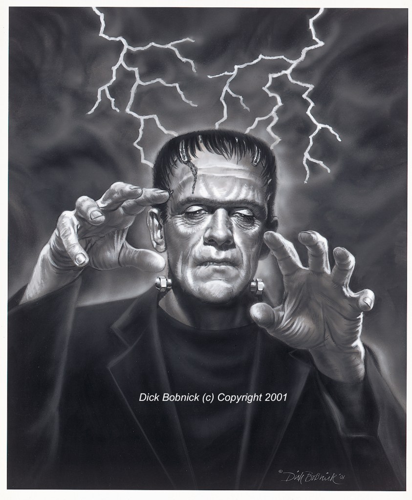 A monochrome illustration of a character resembling Frankenstein, with a serious expression, hands raised as if performing a gesture, and lightning bolts in the background.