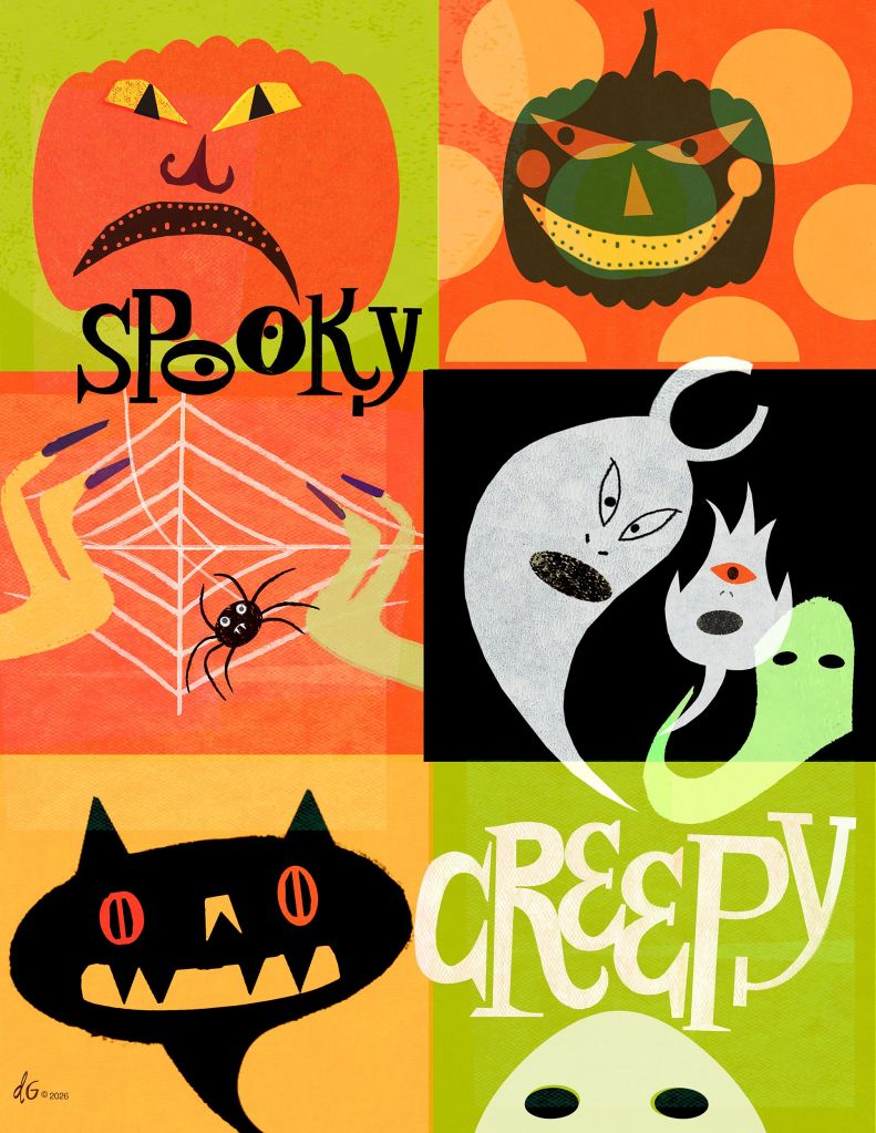 Colorful Halloween-themed illustration featuring spooky faces including pumpkins, ghosts, a cat, and a spider, with the words 'Spooky' and 'Creepy' prominently displayed.