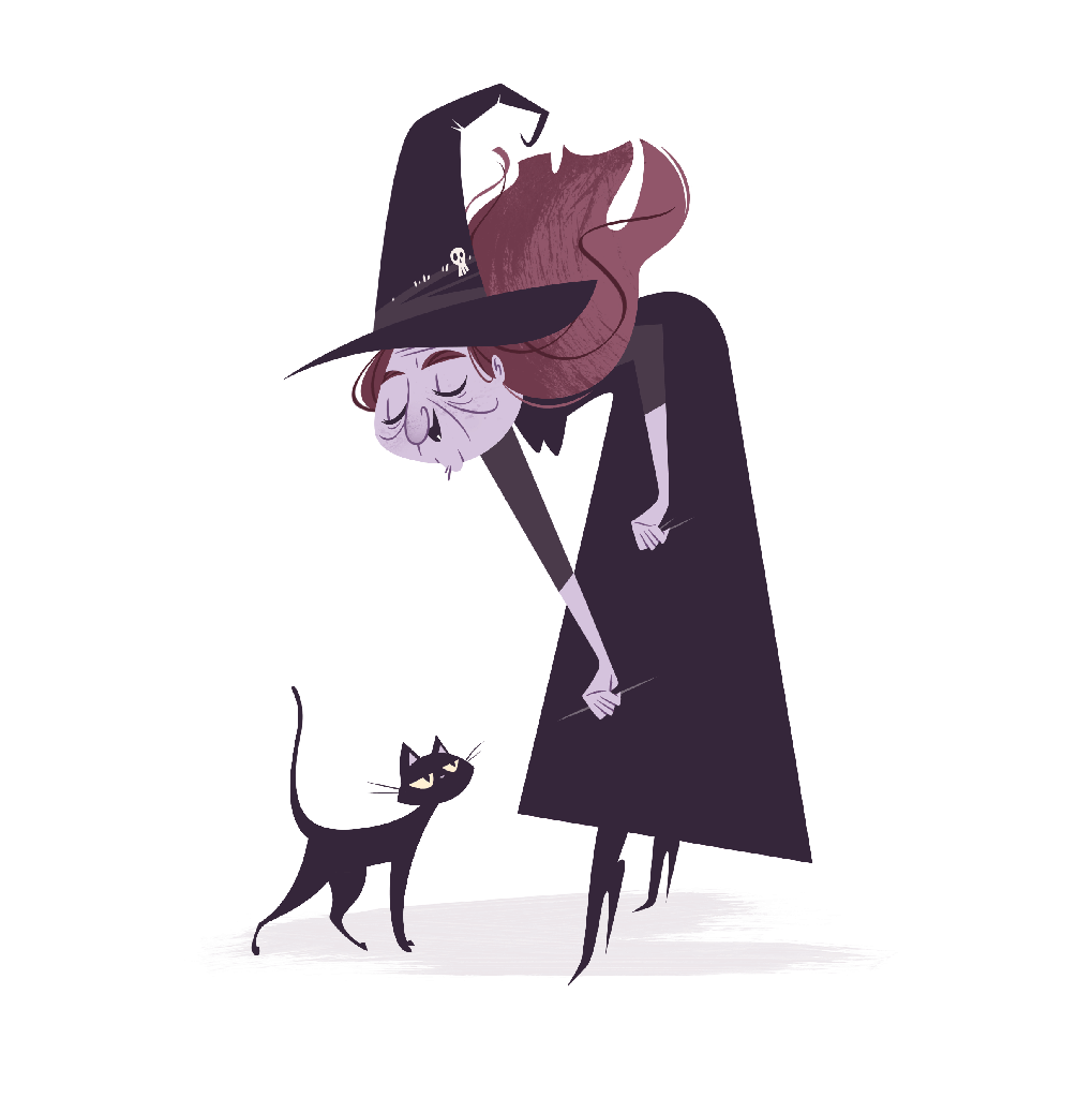 A whimsical witch with long red hair and a pointed hat is leaning down towards a small black cat with yellow eyes.