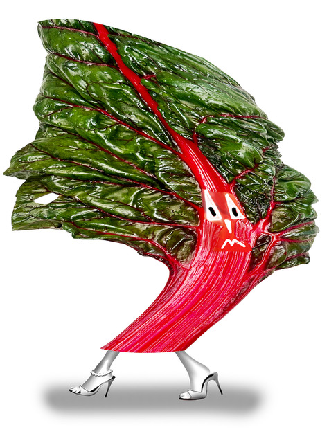 A whimsical illustration of a large, leafy chard with human-like features, walking on high-heeled shoes, expressing a surprised or concerned emotion.