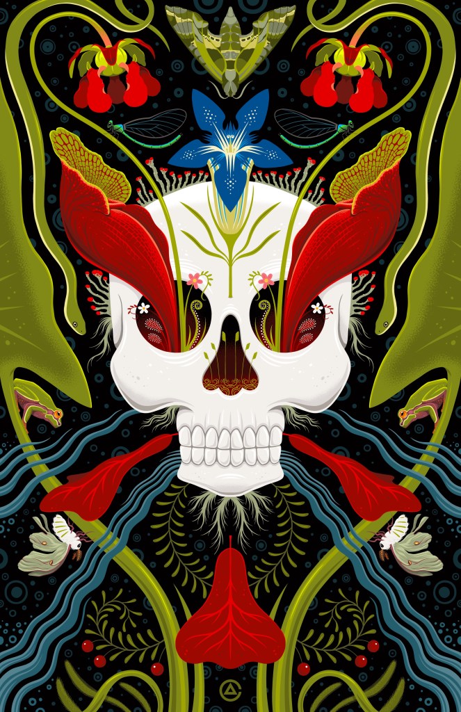 An artistic illustration featuring a skull surrounded by vibrant foliage, flowers, and insects, set against a black background.