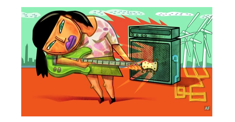 An illustrated character playing a green electric guitar with enthusiasm in front of an amplifier, set against a colorful background featuring wind turbines and a city skyline.
