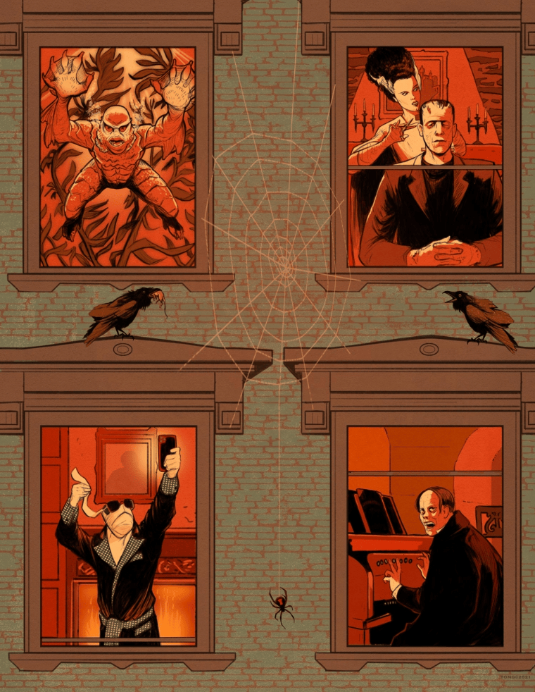 A whimsical illustration featuring four windows of a building, each showing different iconic horror movie characters or themes. The top left window displays a creature with monstrous features, while the top right features a classic horror couple. The bottom left shows a character in a bathrobe taking a selfie, and the bottom right features a man playing an organ. A spider web and a spider connect the scenes, with crows perched on the windowsills.