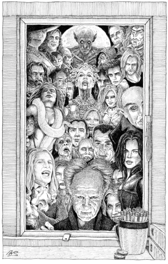 An intricate black-and-white illustration depicting a variety of characters with exaggerated facial features, arranged in a crowded scene within a window frame. There are human and creature-like figures, some looking directly at the viewer with expressions of shock and excitement. A container with art supplies is placed at the bottom right.