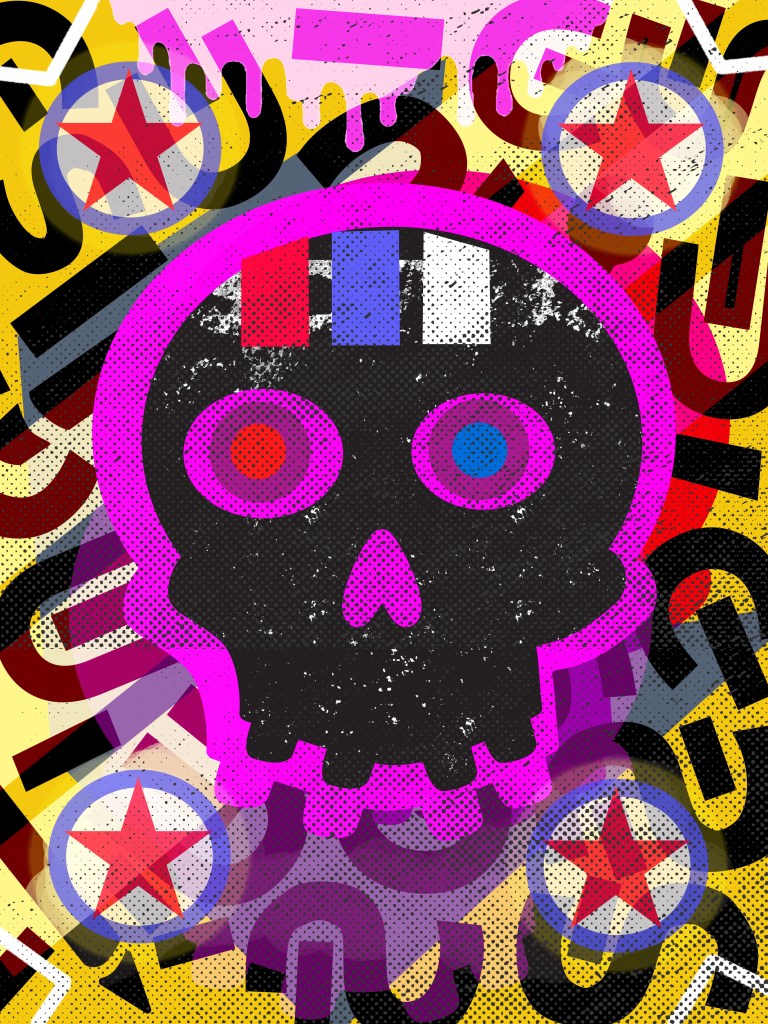 A graphic design featuring a black skull with colorful eyes, surrounded by vibrant abstract shapes and patterns, including stars and symbols.